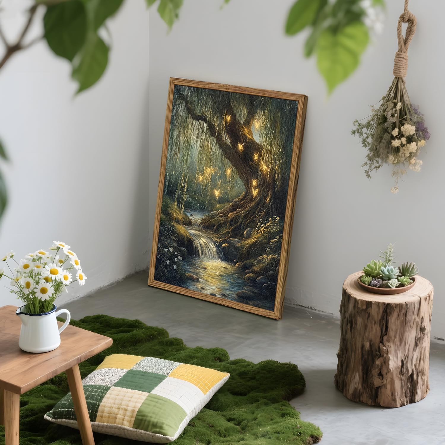 Vintage Forest Fairy Wall Art Whimsical Cottagecore Tree Fairy Wall Decor Painting Magical Landscape 3D Texture Hand Drawn Sandstone Artwork for Bedroom Living Room 12x16 inch Wood Framed
