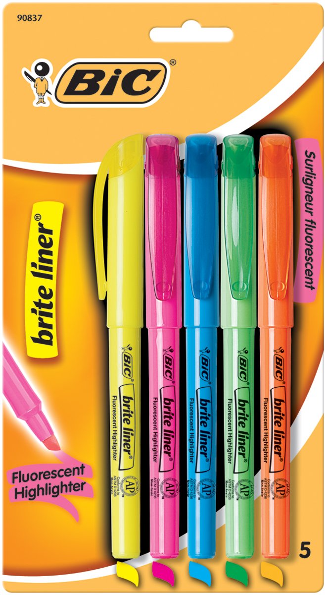 BIC Brite Liner - Evidenziatori fluorescenti, confezione da 5, colori assortiti