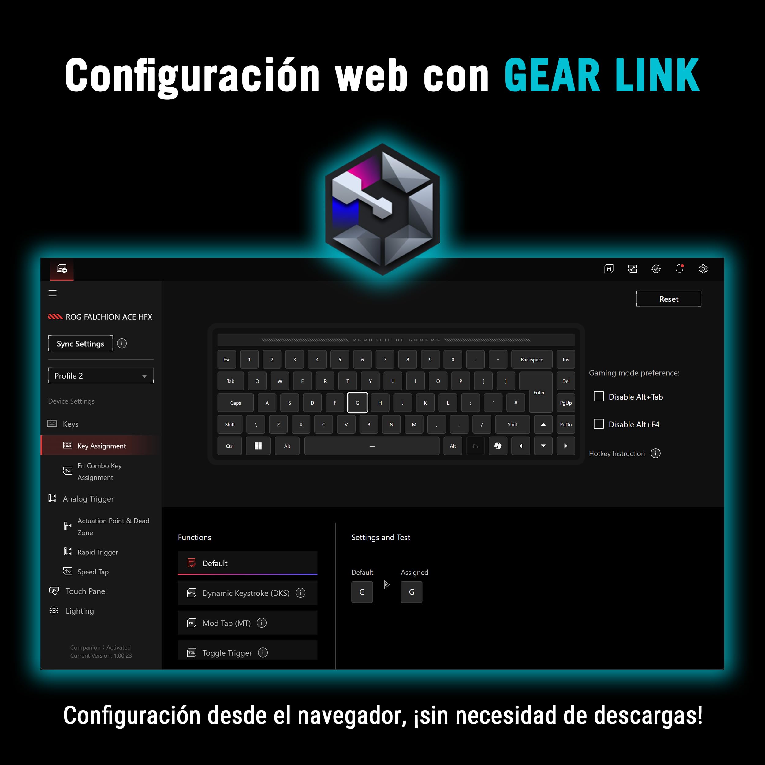 ASUS ROG Falchion Ace HFX Teclado Gaming analógico 65%, interruptores magnéticos ROG HFX, Disparo rápido, Panel táctil, 8000 Hz, amortiguación de Cinco Capas, Carcasa, Teclas ABS, QWERTY Español