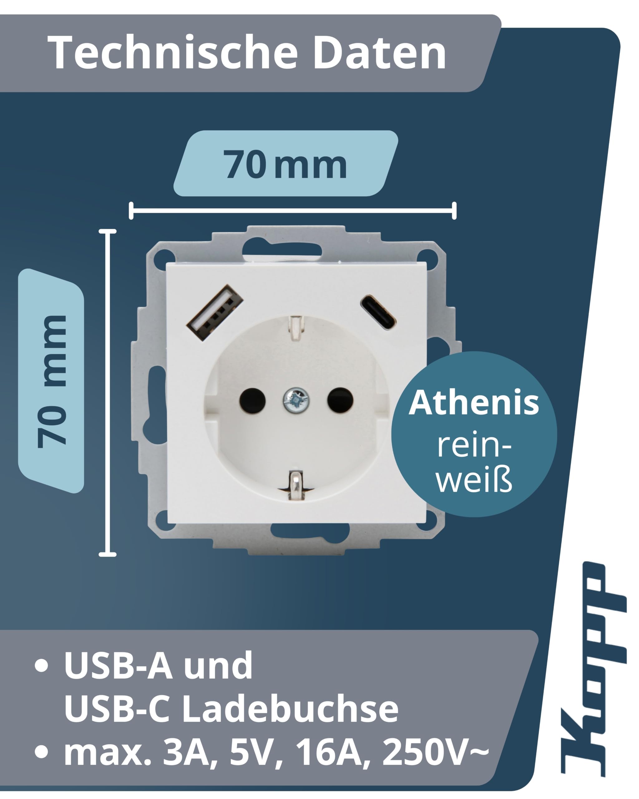 Kopp ATHENIS Unterputz-Steckdose mit USB A & USB C in Reinweiß – Schutzkontakt-Steckdose mit integrierten Ladebuchsen – 16 A / 250 V~ IP20 – Steckklemmen & erhöhter Berührungsschutz