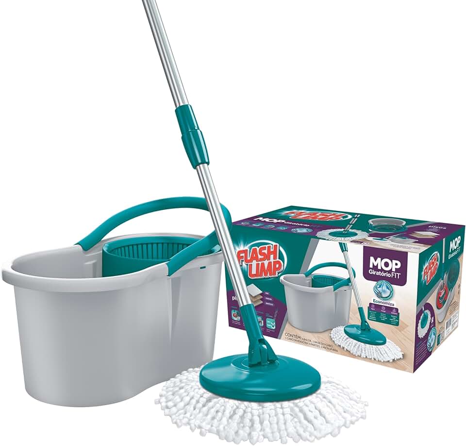 Mop FIT Giratório com 2 refis microfibra, balde com 8 litros, MOP5010, Flash Limp