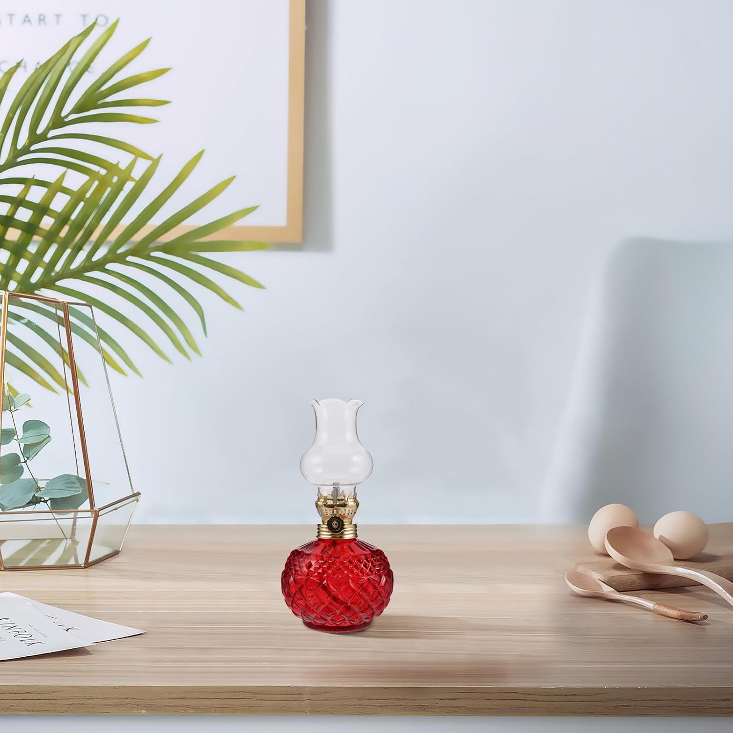 Vintage Retro Kerosene Lamp with Red Glass Chimney, Antique Hurricane Oil Lamp for Indoor Use and Emergency Lighting, Decorative Home Accent for Living Room and Bedroom Ambiance
