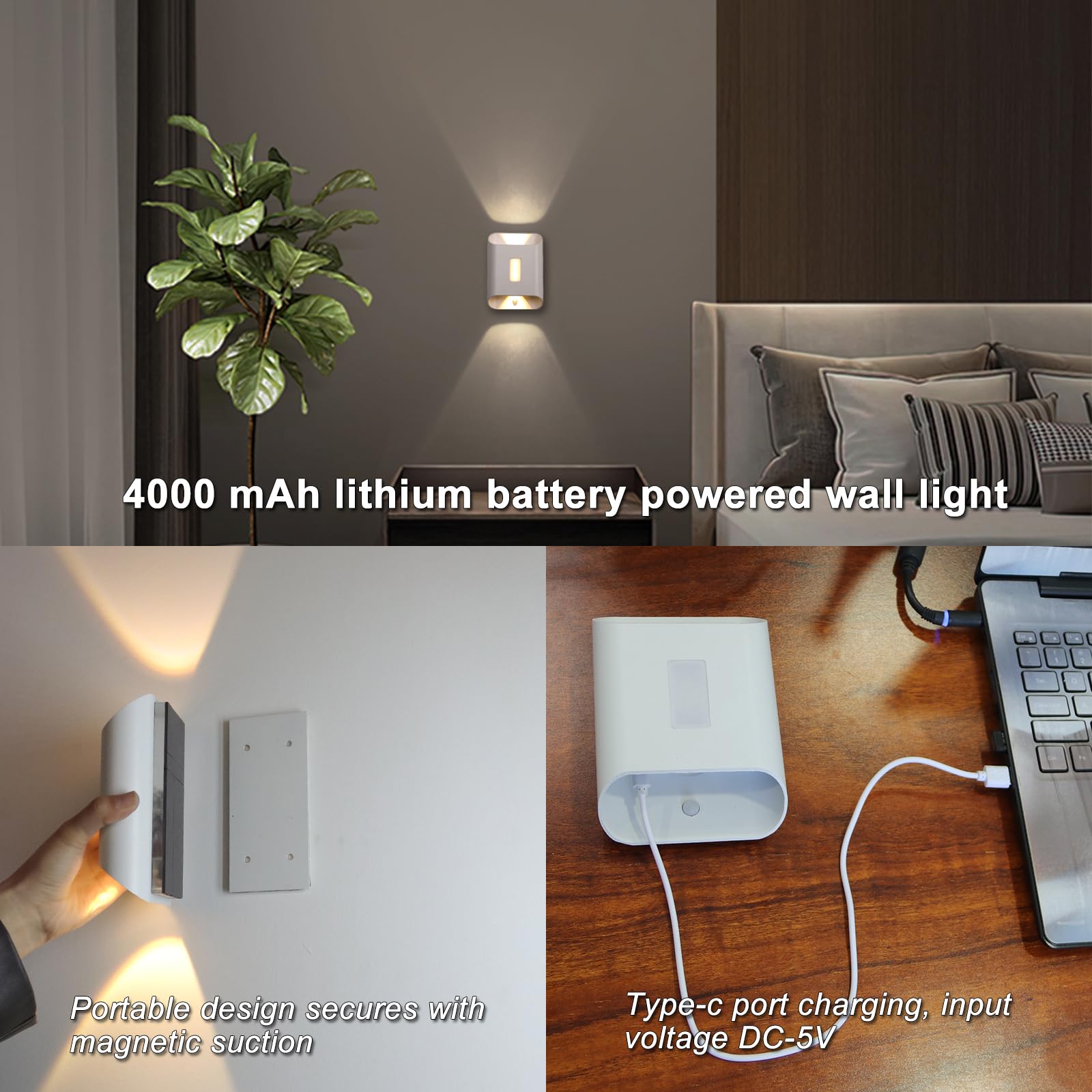 VOMI Wandlamp zonder stroomaansluiting met bewegingsmelder, led-accu, wandlampen, draadloos, voor binnen, USB-oplaadbaar, 4000 mAh, 6 W, Up Down lamp, wandverlichting voor hal en trappenhuis