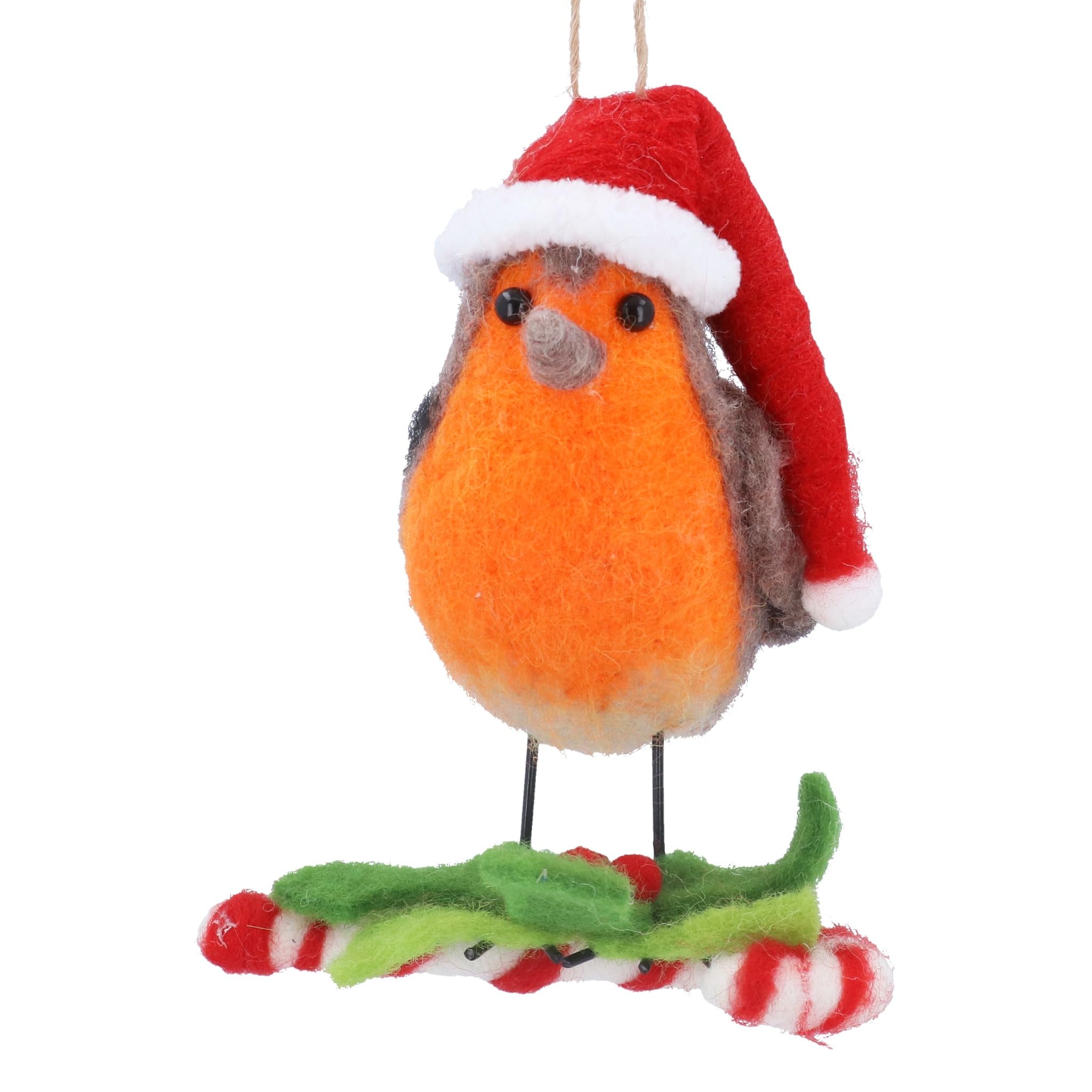 Gisela Graham Multicoloured Felt Robin With Candy Cane Christmas Tree Decoration