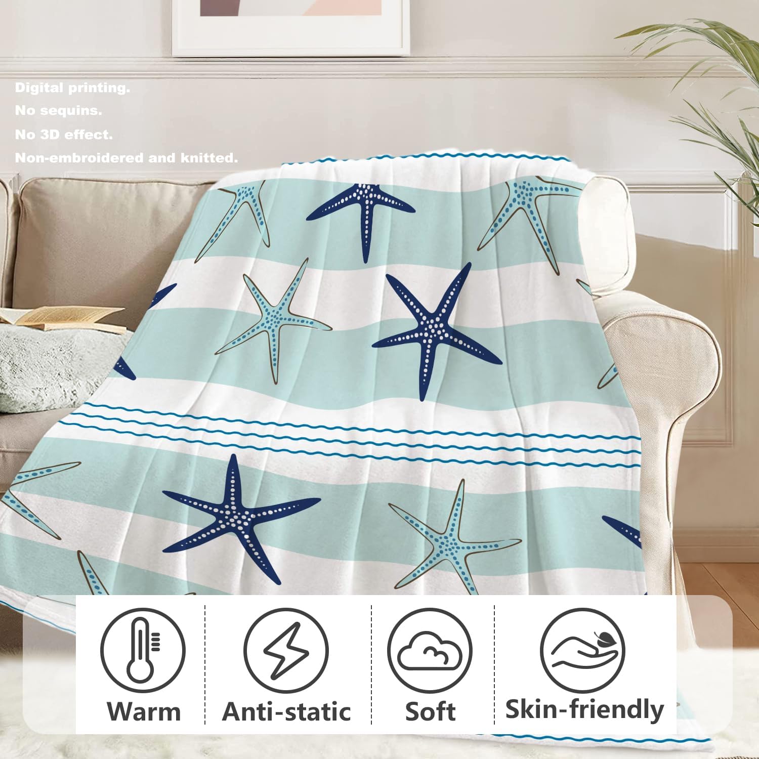 Batmerry Duotone Blue Nautical Starfish Throw Blanket for Couch Sofa Bed,Dark Blue Coastal Stripe Super Soft Warm Fuzzy Plush Blankets Decor Lightweight Cozy Travel Camping Blanket 60 x 40 in