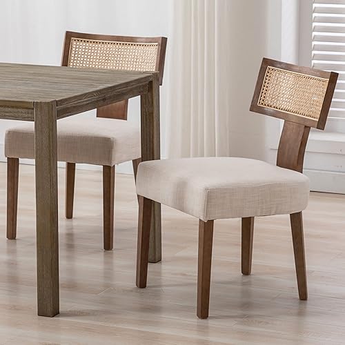 Miniatura 8 de VESCASA Sillas de comedor tapizadas de lino con patas de madera natural, sillas de comedor acolchadas con respaldo abierto curvado de ratán para