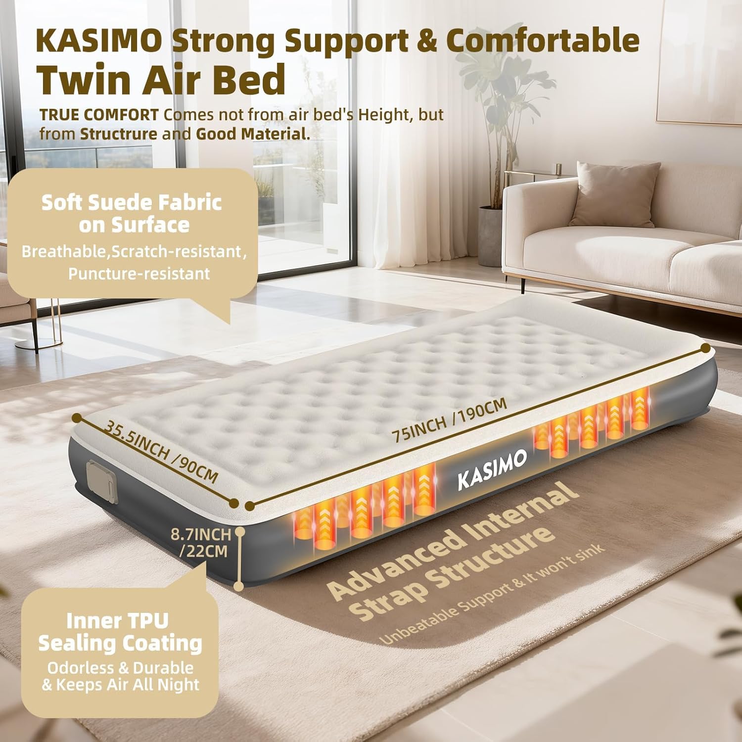 KASIMO Air Mattress Twin with Built-in Battery Powered Removable Pump, TPU Blow Up Mattress with Pillow, Strong Support All Night,No Lost Air, Compact Inflatable Air Bed for Home Guests Camping