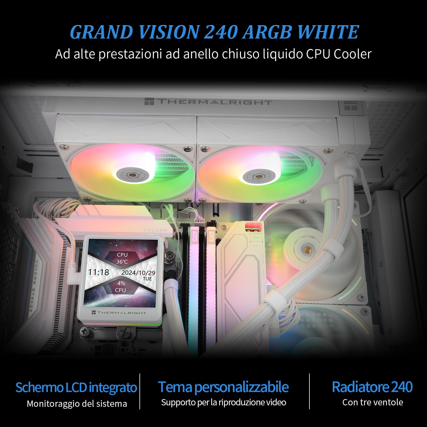 TR Grand Vision 240 ARGB Enfriador líquido para procesador todo en uno blanco, pantalla LCD IPS con resolución 480 x 480, para AM4/AM5/LGA1851/1700, pantalla LCD de 3,4 pulgadas absorbente imanes para