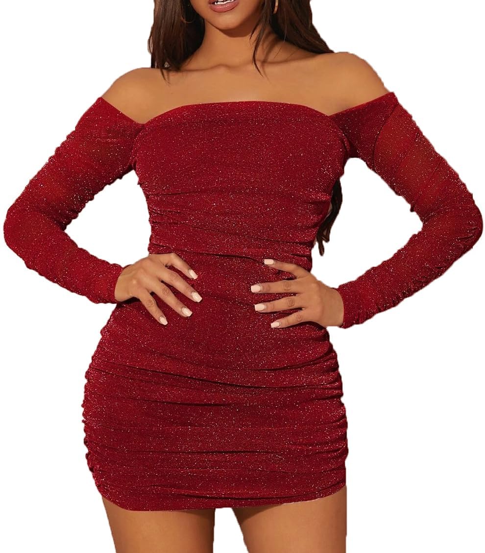 MOEENCN Women Mesh Dress Sparkly Long Sleeve Square Burkina Faso