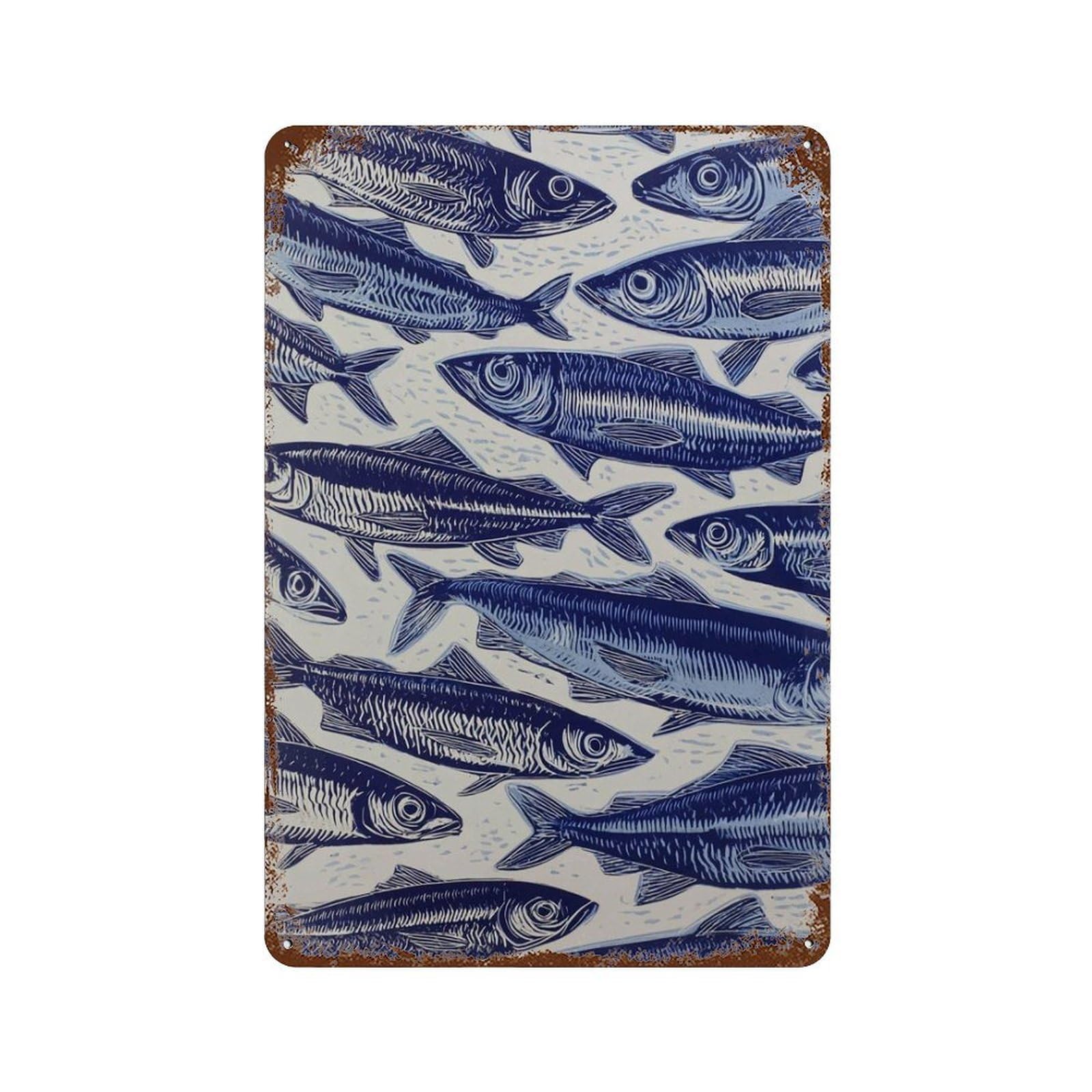 xiaoxiaoshen Fish Blue Sardines Nautical Kitchen Coastal Ocean Seafood Sea Life Pattern Wall Decor Art Metal Tin Poster Modern Home Decor Art Home Bar Shop Decorations Vintage Sign 30x20cm