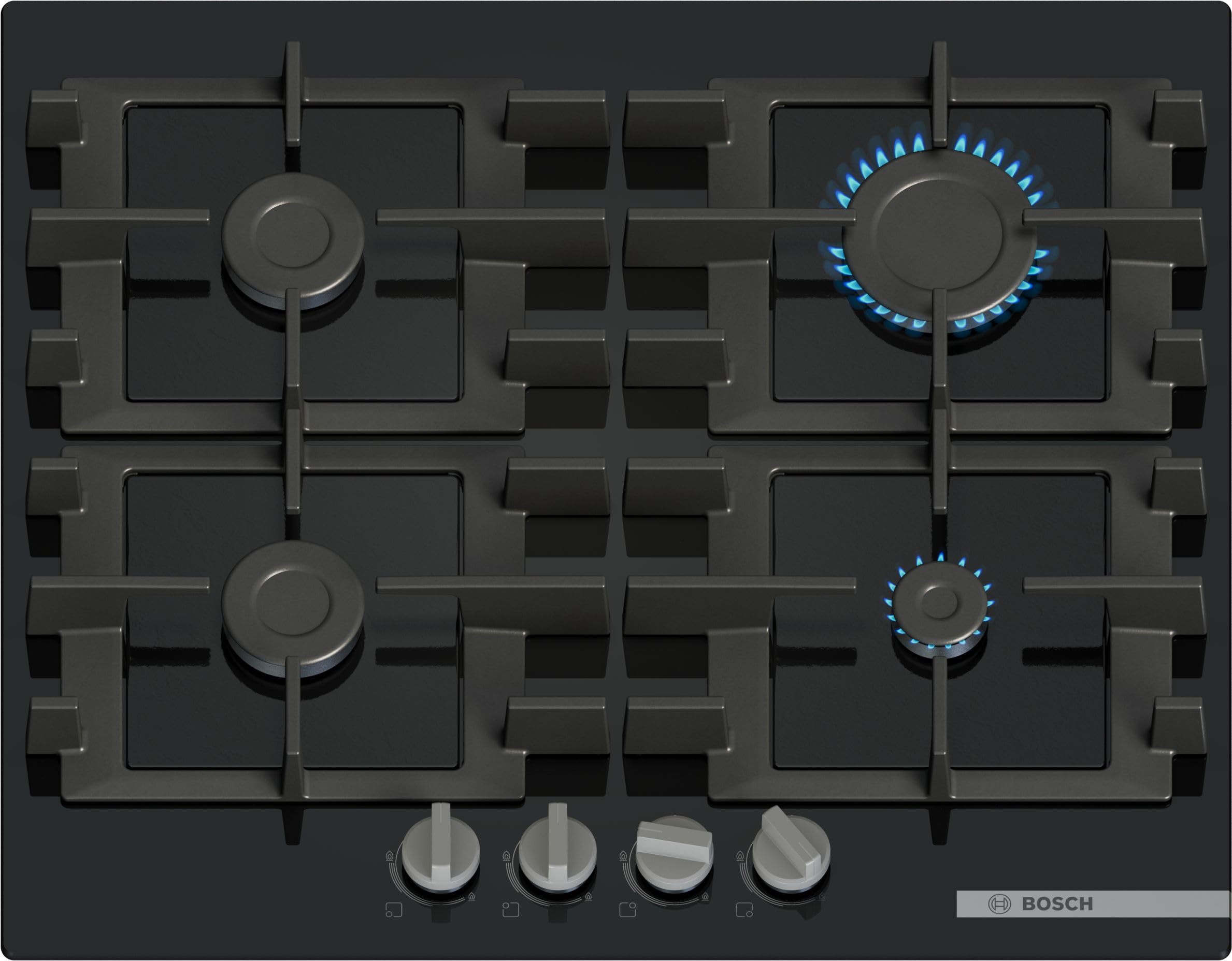 Bosch PNP6B6K40 Serie 4, Piano cottura a gas, 60 cm, Vetro temperato, Griglie ghisa lavabili in lavastoviglie, Nero