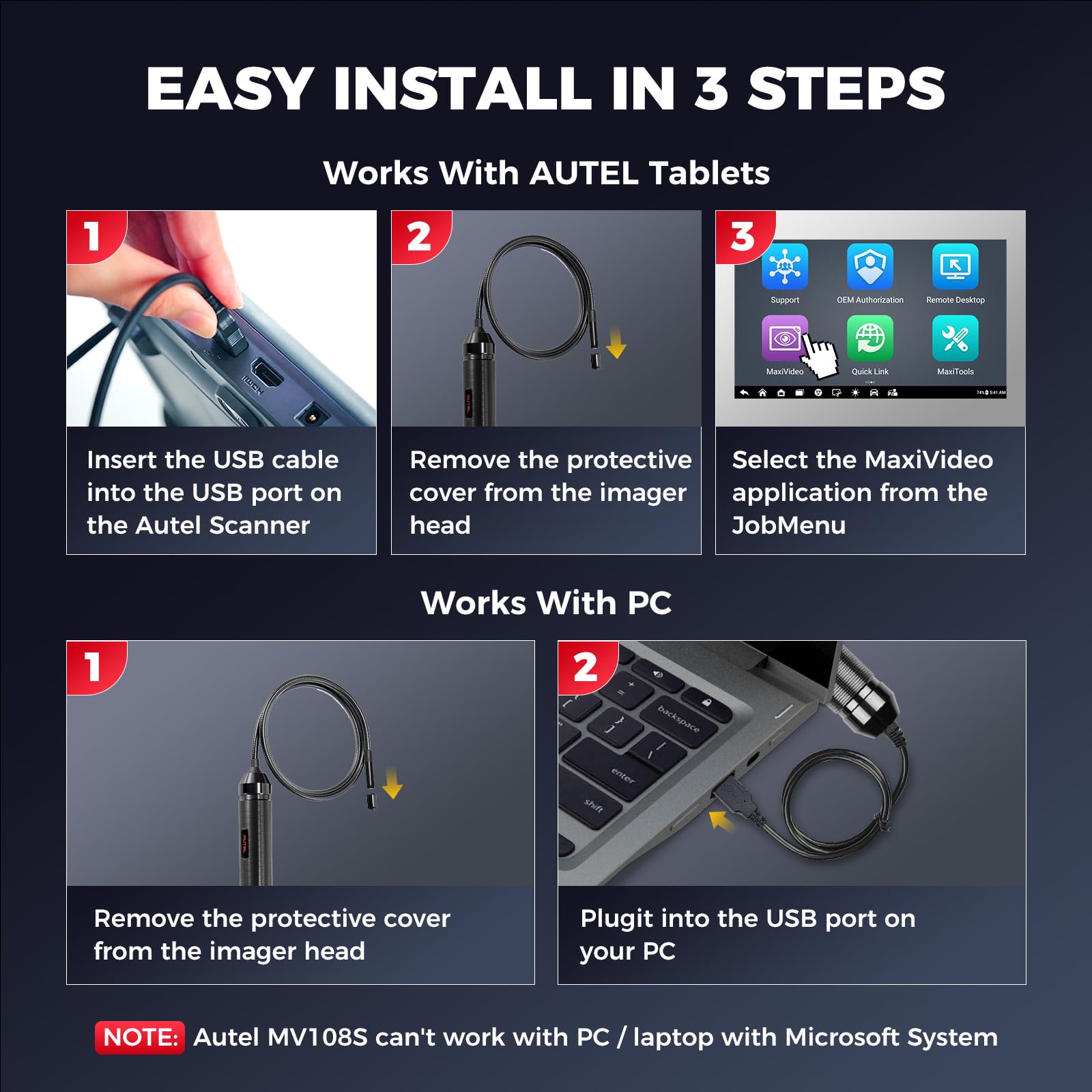 Autel MaxiVideo MV108S Digitale Inspektionskamera, 2026 Aktualisiert von MV108 MV105S, 8,5mm USB Endoskopkamera, IP67 Wasserdicht, 1920P HD Rohrkamera, 1M Flexible Kabel für Autel Kfz Werkzeug & PCs