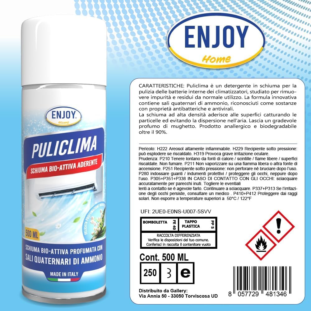 ENJOY HOME PULICLIMA Igienizzante Condizionatori Spray - Schiuma Attiva ai Sali Quaternari di Ammonio per Split e Filtri - Pulitore Professionale Antibatterico al Profumo di Mughetto 500ml x4