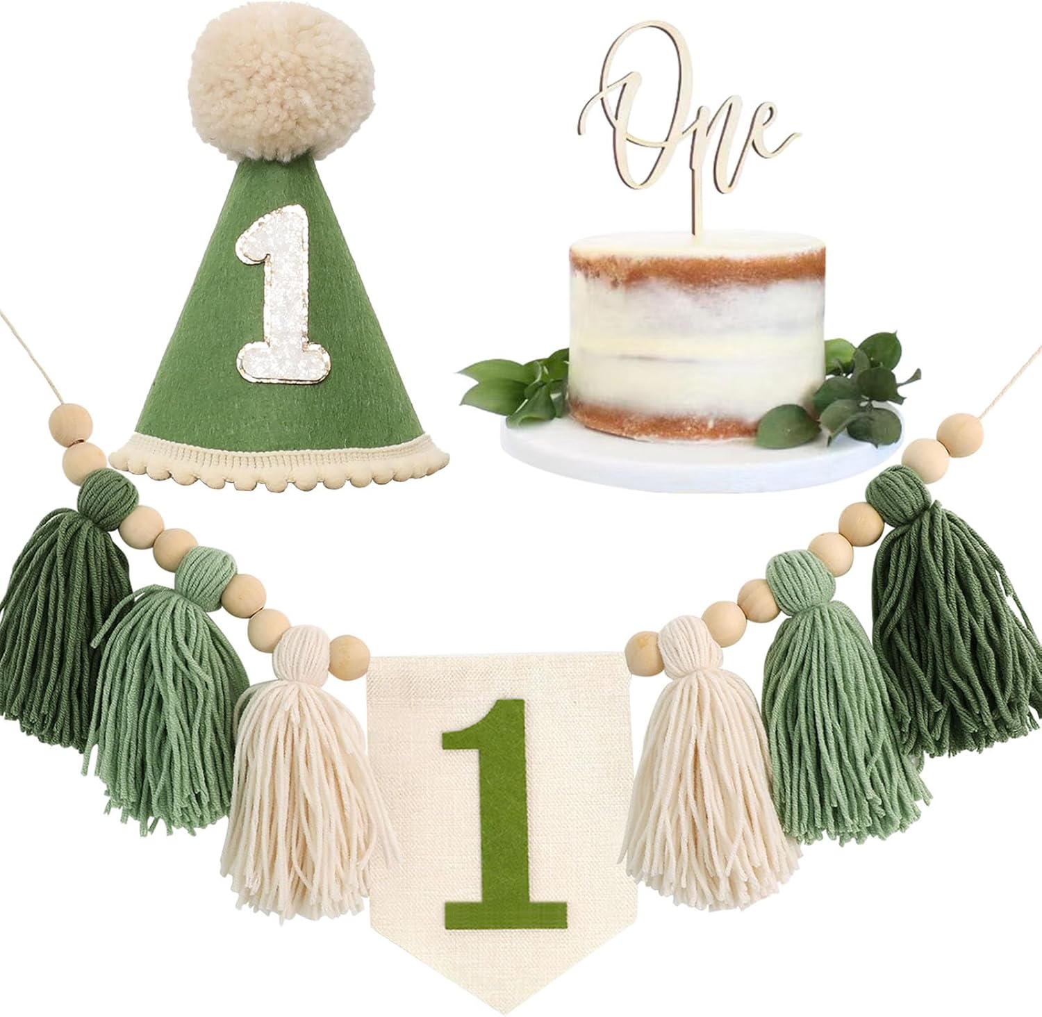 Handmade Boho Green 1st Birthday High Chair Banner Decorations for Baby Boys First Birthday Hat With One Cake Topper Happy Birthday Photoshoot Props Photo Props - Image 4