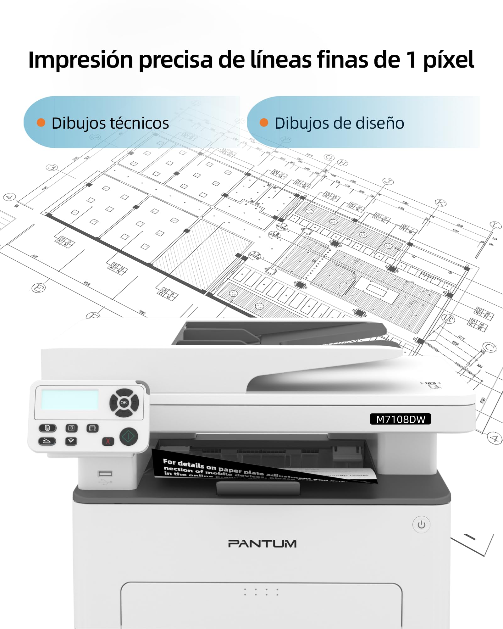 PANTUM M7108DW Impresora Multifunción Láser, 33ppm Impresión Automática a Doble Cara, impresión/Copia/escaneado, Blanco y Negro(A4, Wi-Fi Direct, Bluetooth, USB, AirPrint, Mopria)