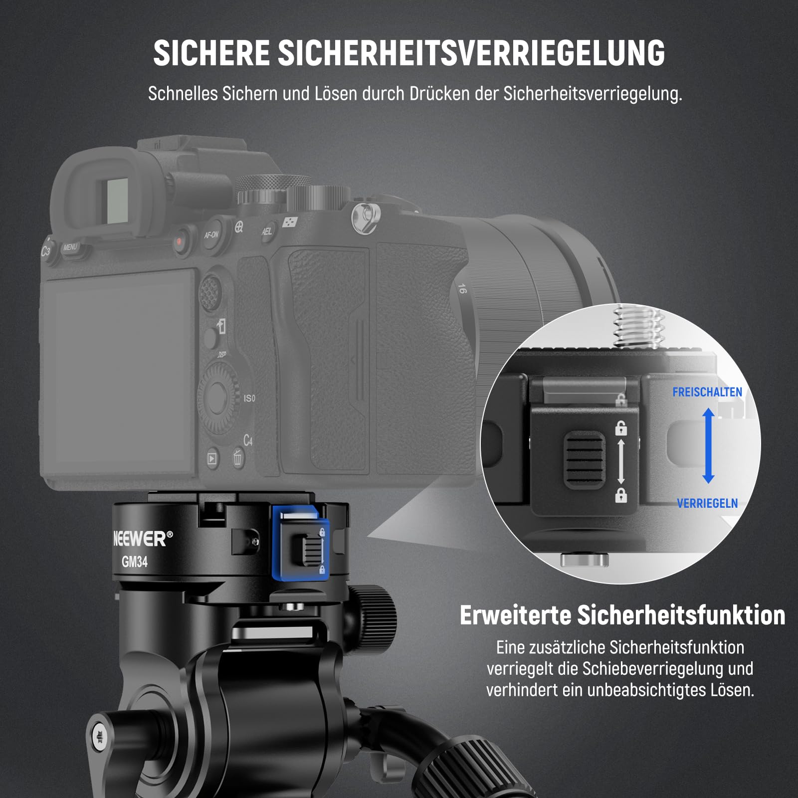 NEEWER GM34 Kamera Schnellwechselplatten Set, Schnellwechsel Automatikverriegelung, quadratische QR Montageplatte mit Arca Klemme, kompatibel mit Arca Swiss, Kameraklammer, maximale Belastung 11lb/5kg