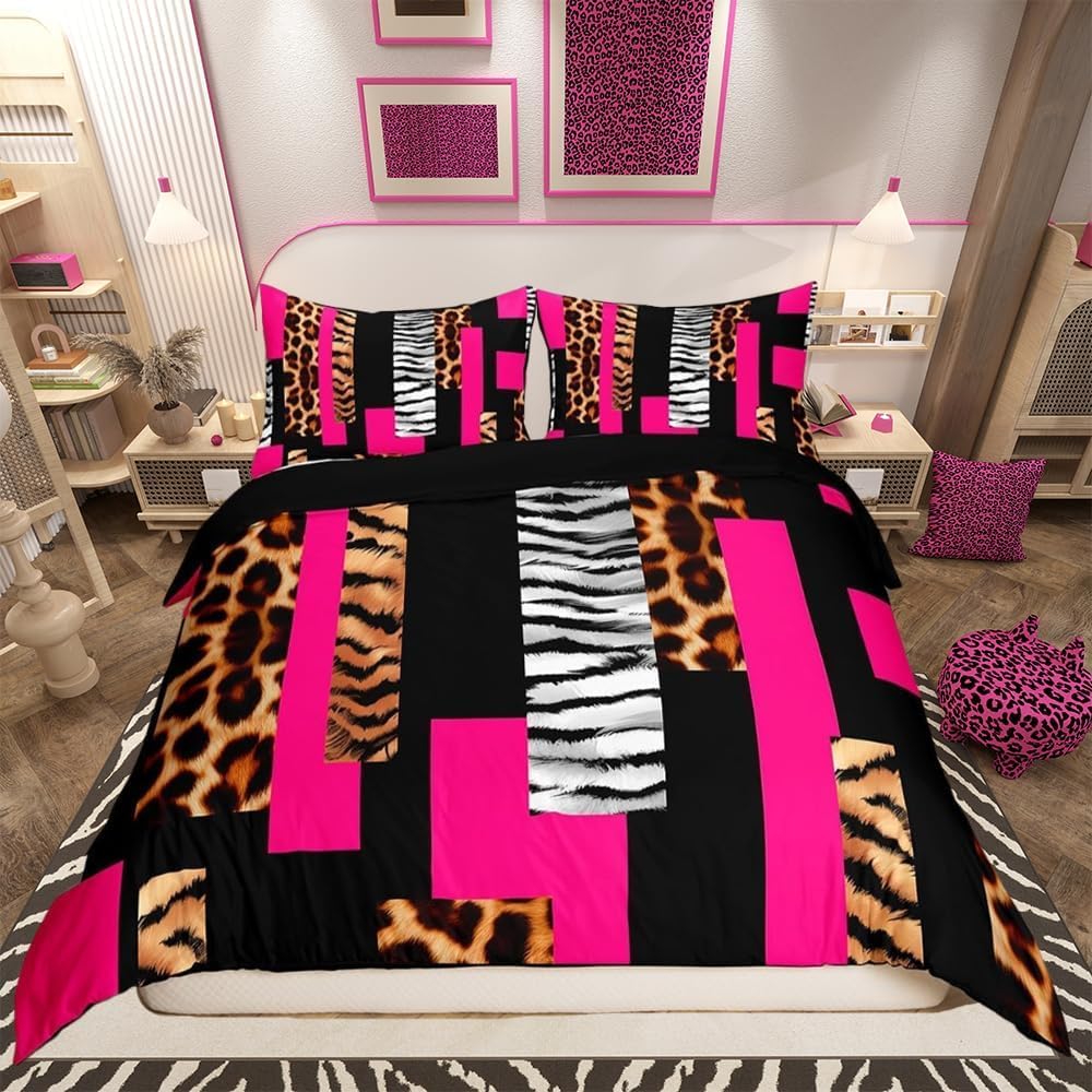 Ensemble de literie gépard rose noir et blanc 240x260 parure safari
