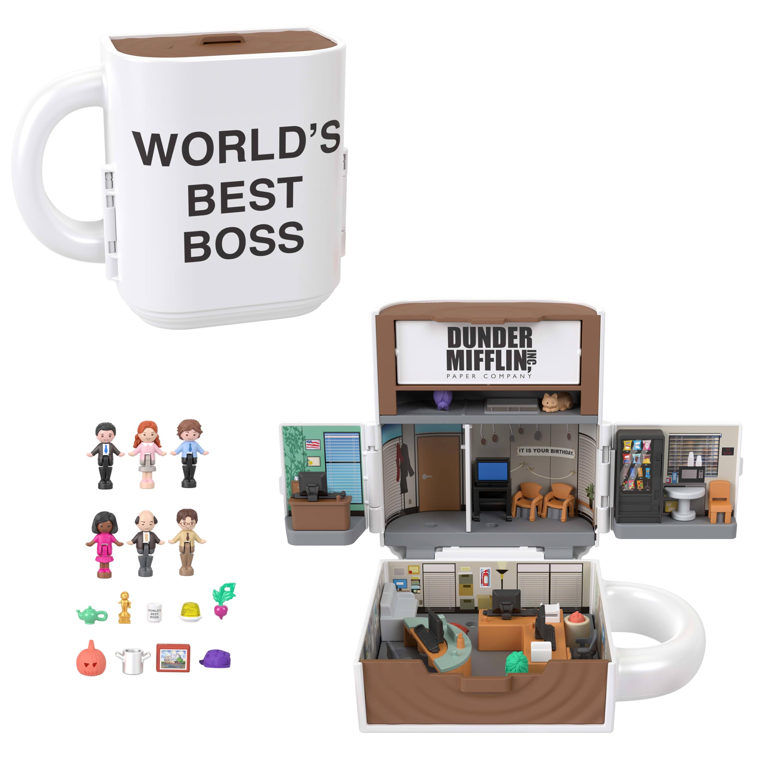 Polly Pocket x The Office, playset cofanetto con 6 bambole e 9 accessori, giocattolo da collezione in collaborazione, esterno a forma di tazza da caffè, JCC19