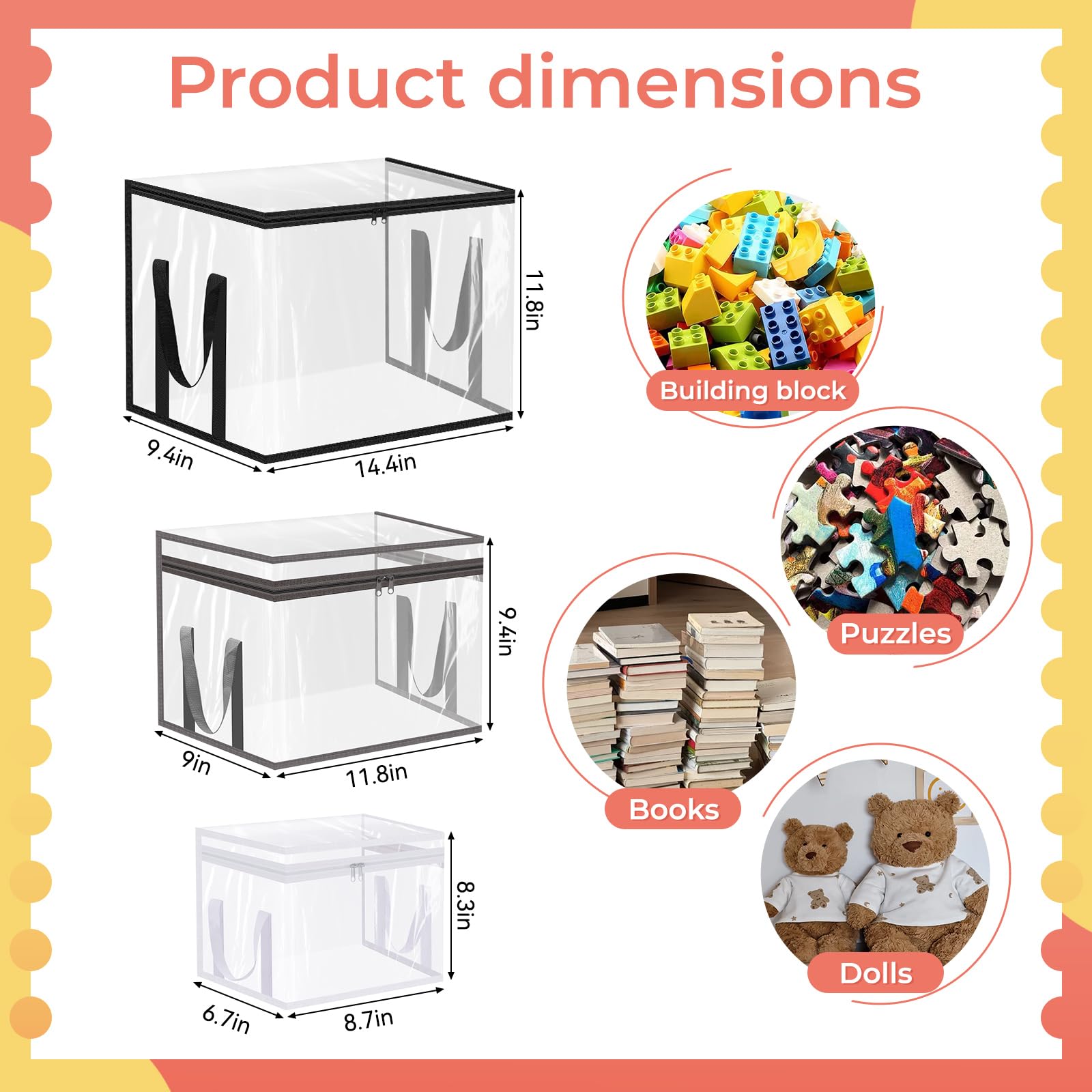 Fantasyon 3 Packs Large Toy Storage Bags, Reusable Clear Toy Storage Organizer with Zipper, Travel Waterproof Organizer Bags for Building Blocks, Puzzle, Kids Books, Board Games