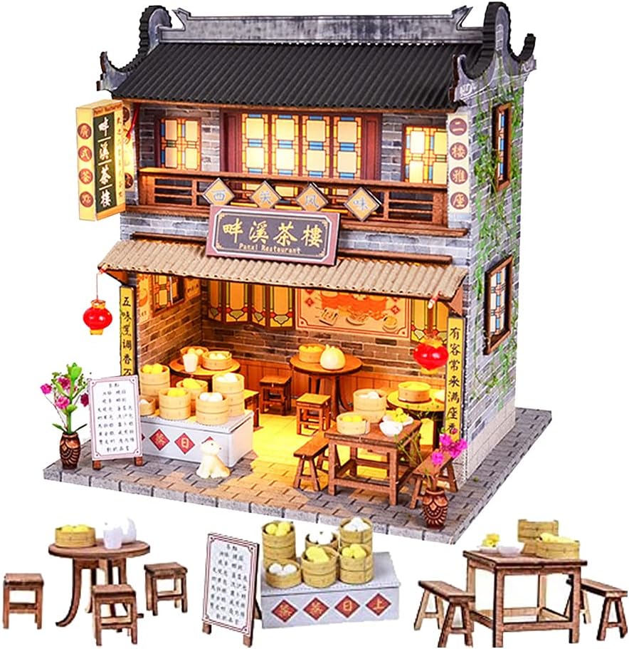 WYD DIY Chinese DIY Doll House Ancient Architecture Handmade Mini Wooden House Miniature Dollhouse Furniture Set Children Toys New Year Birthday Wedding Gift (Panxi Tea House)