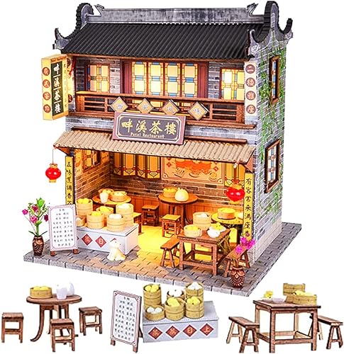 WYD Casa de muñecas DIY en miniatura de madera en miniatura, muebles de casa de muñecas china modelo de construcción antigua bollo Leche de soja