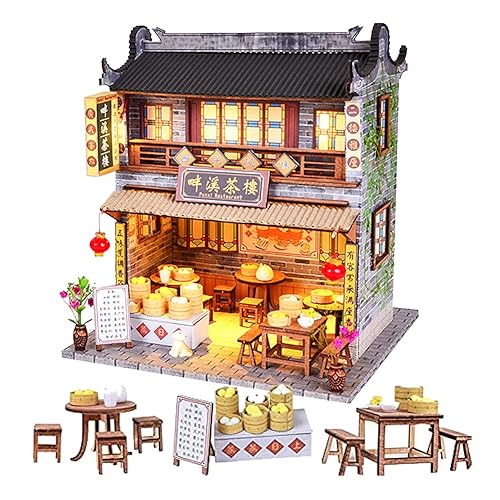 WYD DIY Chinese DIY Doll House Ancient Architecture Handmade Mini Wooden House Miniature Dollhouse Furniture Set Children Toys New Year Birthday Wedding Gift (Panxi Tea House) - Panxi Tea House