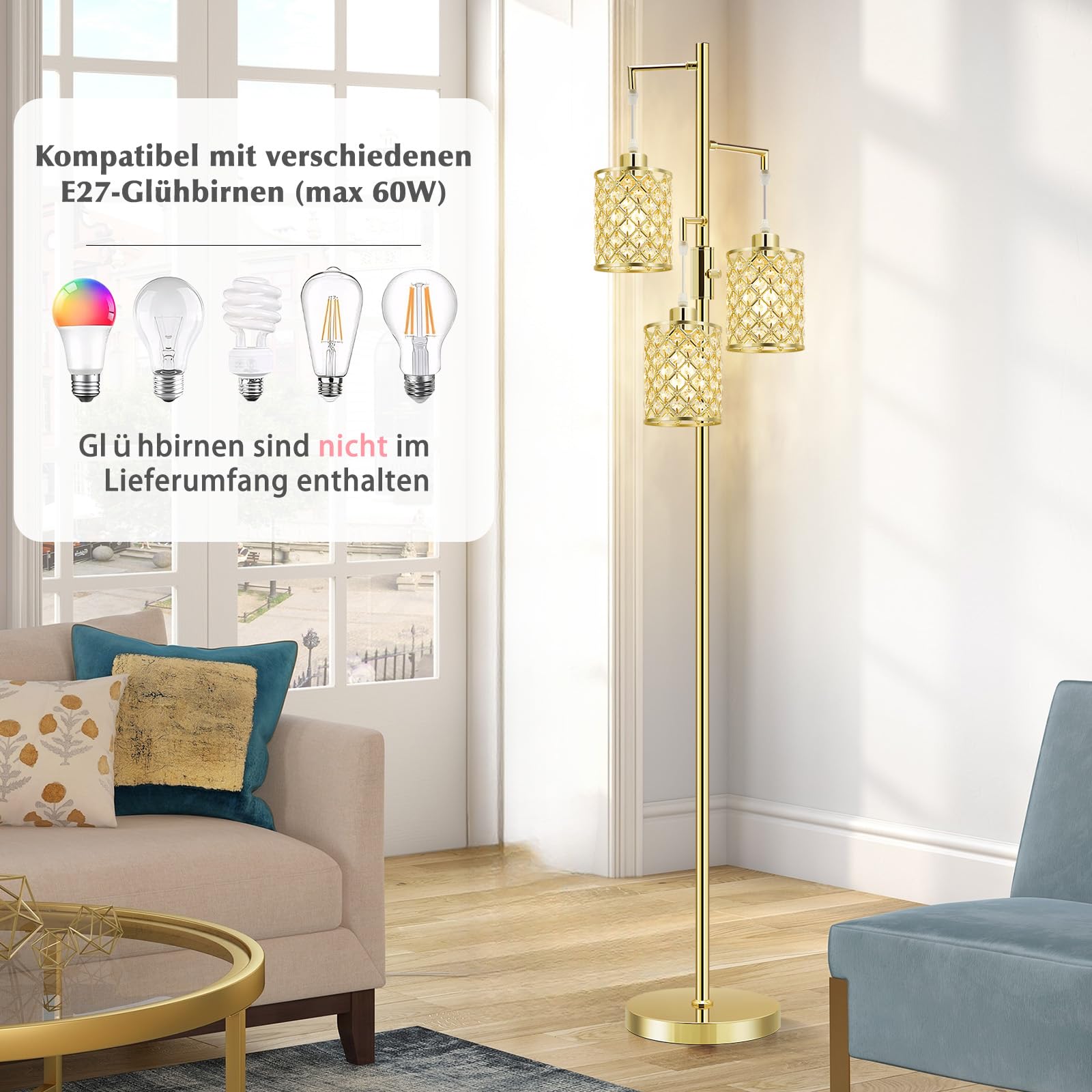 GyroVu Stehlampe Gold, Kristall Stehleuchten für das Wohnzimmer, 3 Flammige Stehlampen mit Elegantem K9 Kristallschirm und Drehschalter, Moderne Standlampe für Schlafzimmer, Home Office, Leseecke