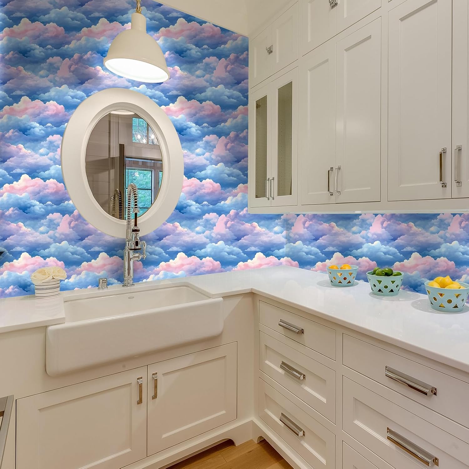VaryStyle 17.7"x393" Aesthetic Cloud Peel and Stick Wallpaper Blue and Pink Sky Cloud Wallpaper Mural Renter Friendly Vinyl Wall Paper Peel and Stick Contact Paper for Kids Room Cabinets Wall Covering