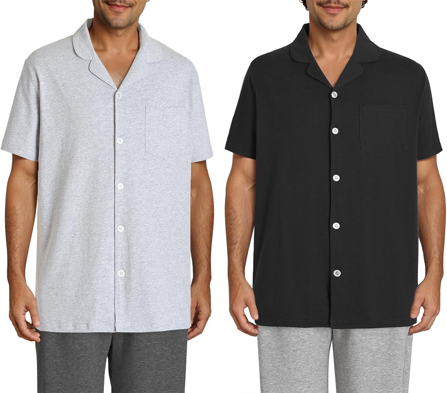Men's Cotton Knit Sleep Shirt Button Down Pajama Top 2 Pack