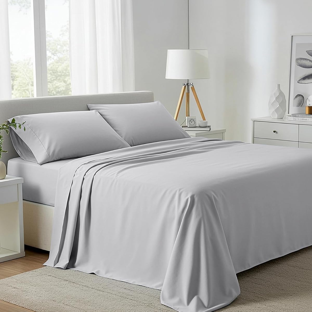 Carressa Linen 100% Egyptian Cotton King Size Sheets Set - 800 Series Tulips Collection Egyptian Cotton Sheets King Size (4 PC, Silver), 16" Deep Pocket Sateen Weave Luxury Bed Sheet