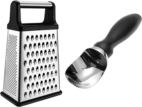 Spring Chef Rallador profesional de caja, tamaño XL y cuchara profesional de helado de acero inoxidable, paquete de 2 productos, color negro