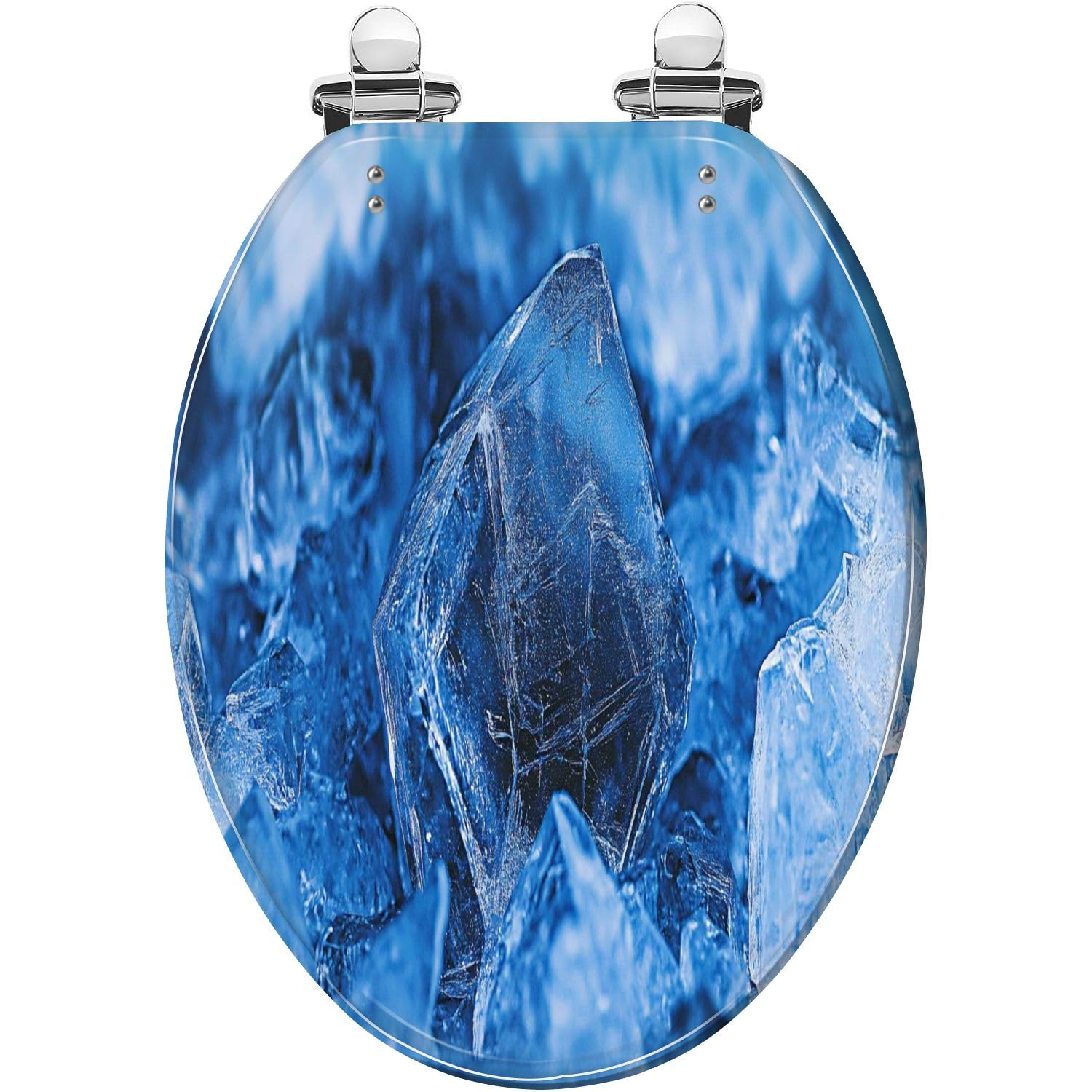 Copriwater allungato con chiusura ammortizzata e cerniere a sgancio rapido, in resina blu vetriolo solfato di rame, decorativo.