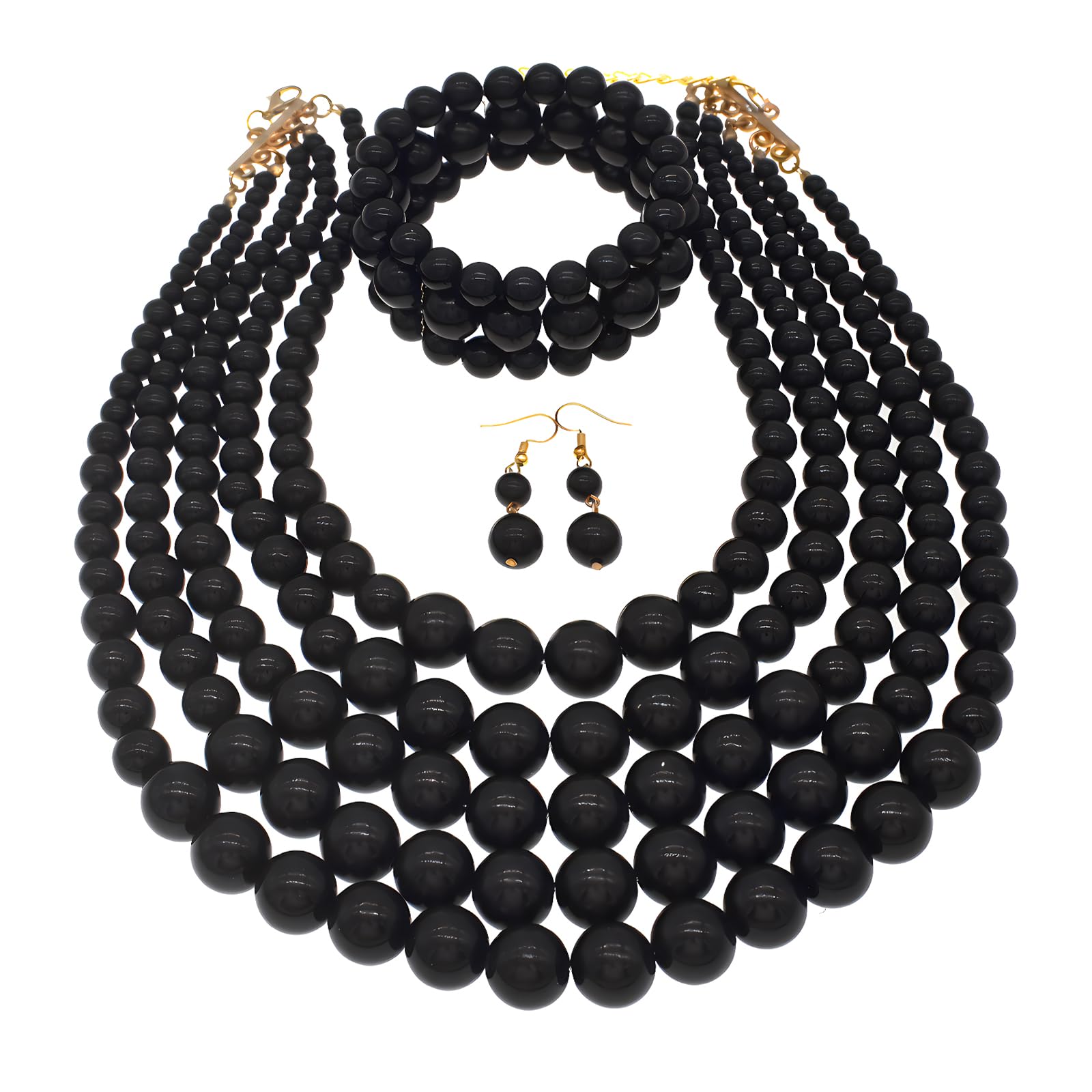 JNF Large Faux Pearl Necklaces for Women Multi strand Pearl Necklace Bracelet and Earrings Set 1920s Costume Pearls Necklace Jewelry Accessories