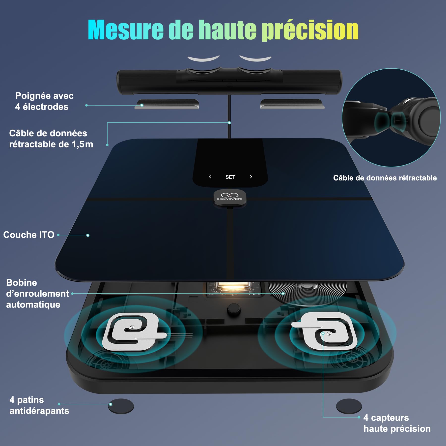 Balance Connectée Impédancemètre 8 Électrodes Professionnelle, Pèse Personne Masse Graisseuse et Muscle avec Poignée, 28 Mesures (Poids, IMC, Graisse), Grand Écran LED, Max 180kg/400lb