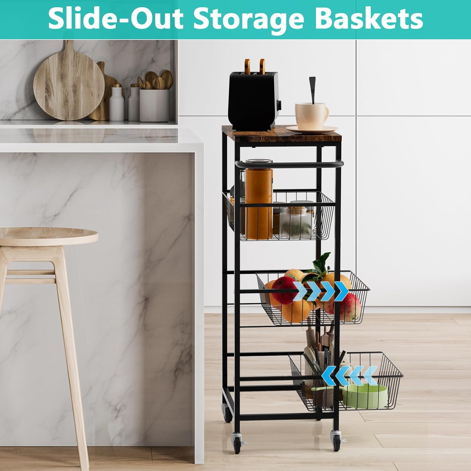 4 Tier Kitchen Storage Cart, Snack Rack Cart with Pull-Out Fruit Baskets, Mobile Pantry Cart with Wheels, Kitchen, Bathroom, Brown