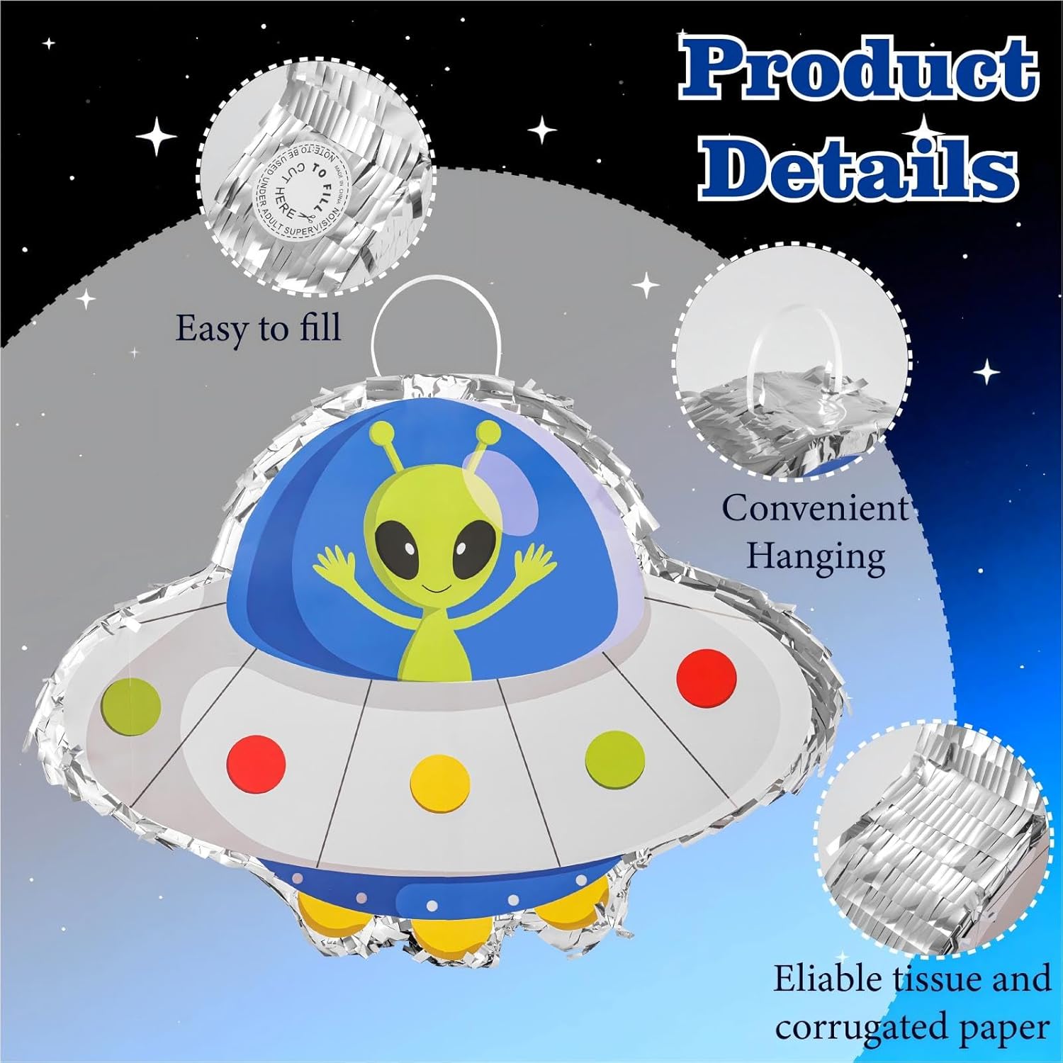 VINTS Space Pinata, Alien Ship Pull String Pinata Bundle with Blindfold and Bat for Space Birthday Party Decoration Boys Kids Outer Space Theme Party Supplies(16.73 × 12.79 × 3.15 in)