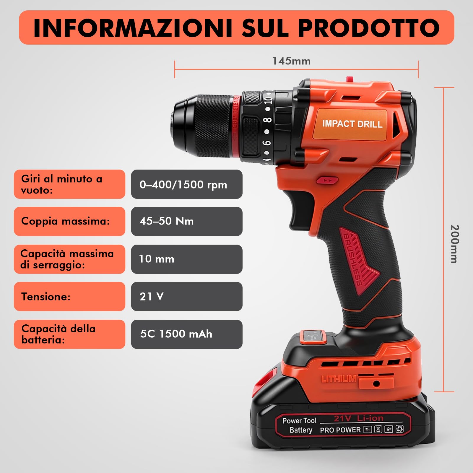 Trapano a Percussione a Batteria 21V, Avvitatore a Batteria 50Nm Brushless | 2 Batterie 1.5Ah, 20+1 Coppie, 2 Velocità, 24 Punte, Luce LED per Riparazioni, Fai da Te, Montaggio Mobili, 10mm Mandrino