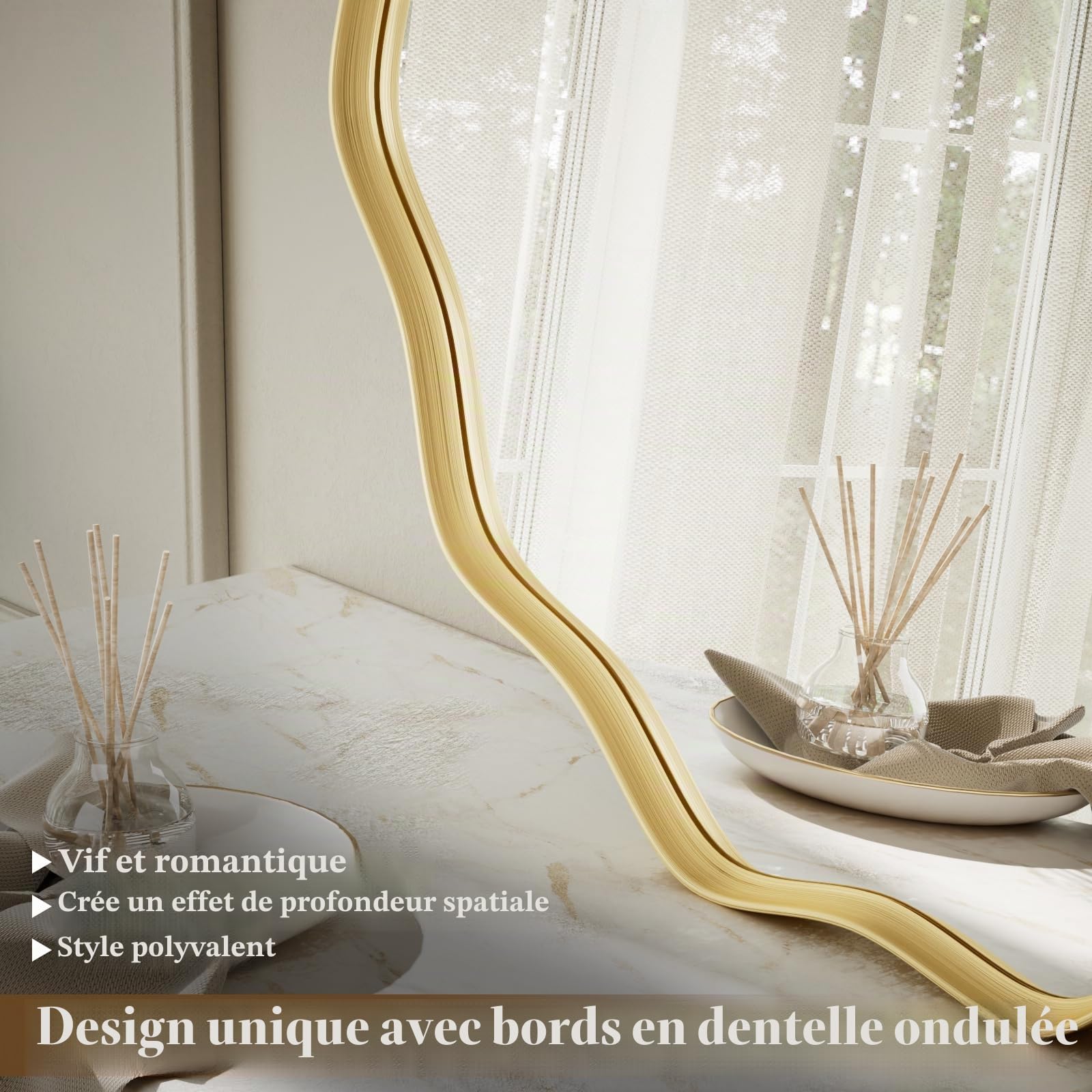Koonmi Grand miroir rond à bord ondulé de 75 cm avec cadre en métal texturé à suspendre ou à poser au mur pour salle de bain, entrée, salon, doré