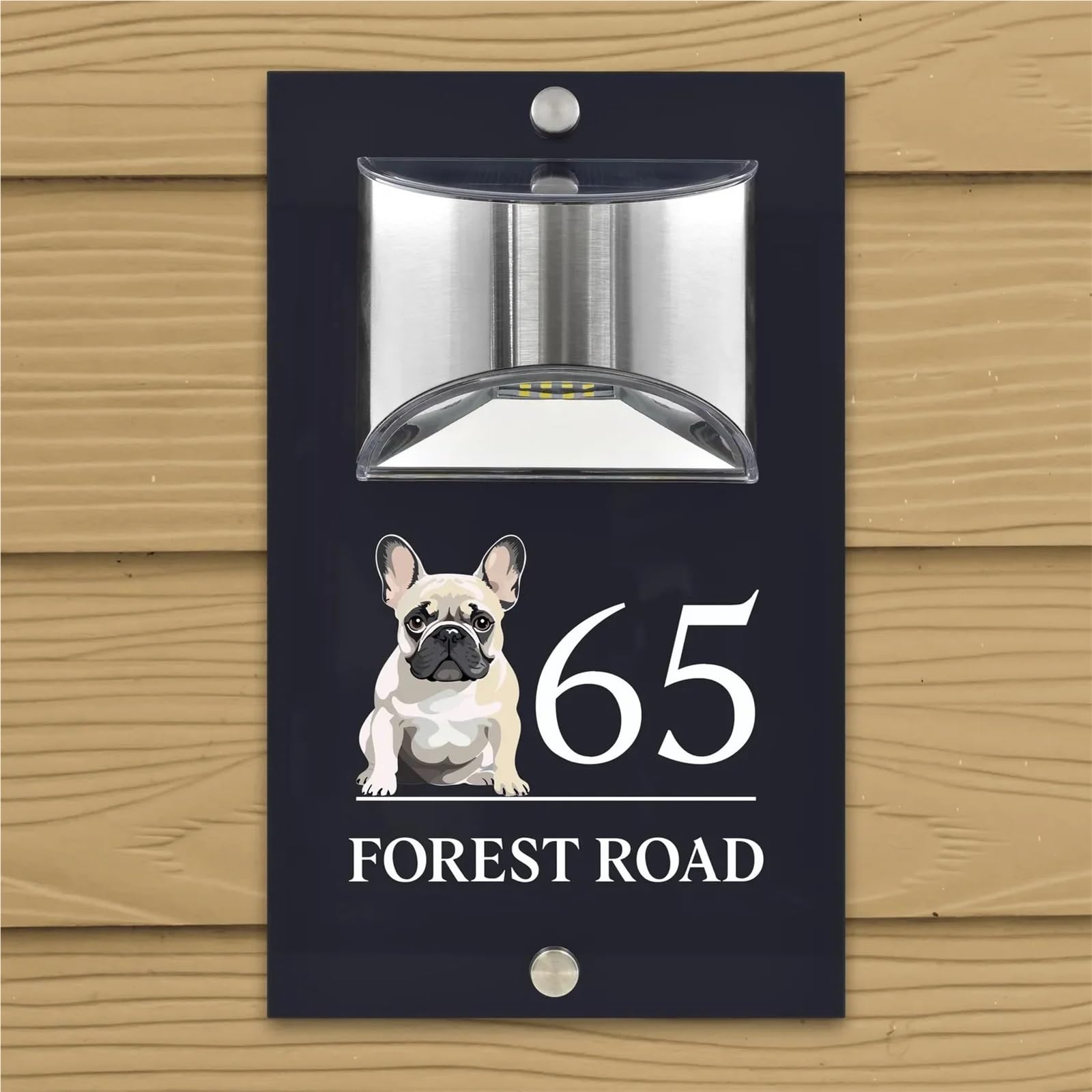 Numero civico, cartello con numero civico personalizzato con illuminazione solare, moderno, color antracite, design con cane e bulldog (stile 6,6 x 25,4 cm)