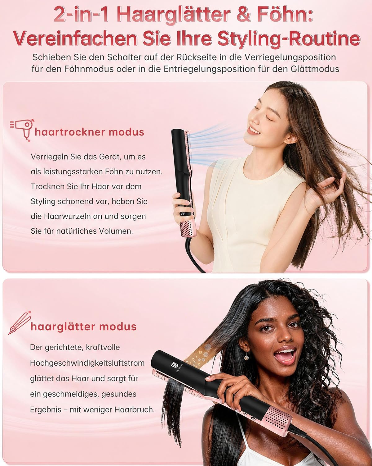 Glätteisen Föhn 2in1, Nass-Trocken Air Haarglätter, Anti-Frizz Ionen-Tech | Föhnen Glätten Gleichzeitig, Keine Hitzeschäden, Locken und Glätten, 110.000 U/min Air Straight Hair Straightener, Max 170°C