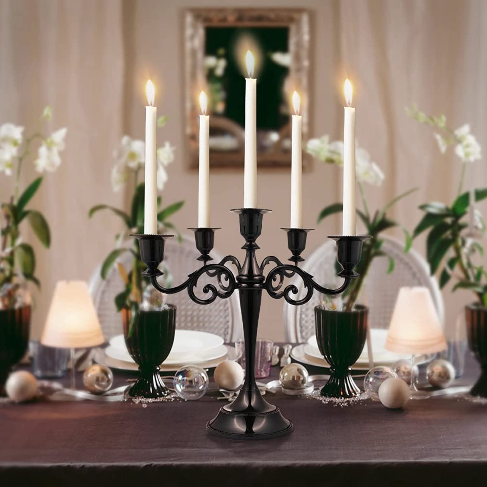Candelabro de Metal Negro con candelabro de 5 Brazos, candelabros góticos para decoración del hogar, Boda, Navidad, Fiesta en la Iglesia (Negro)