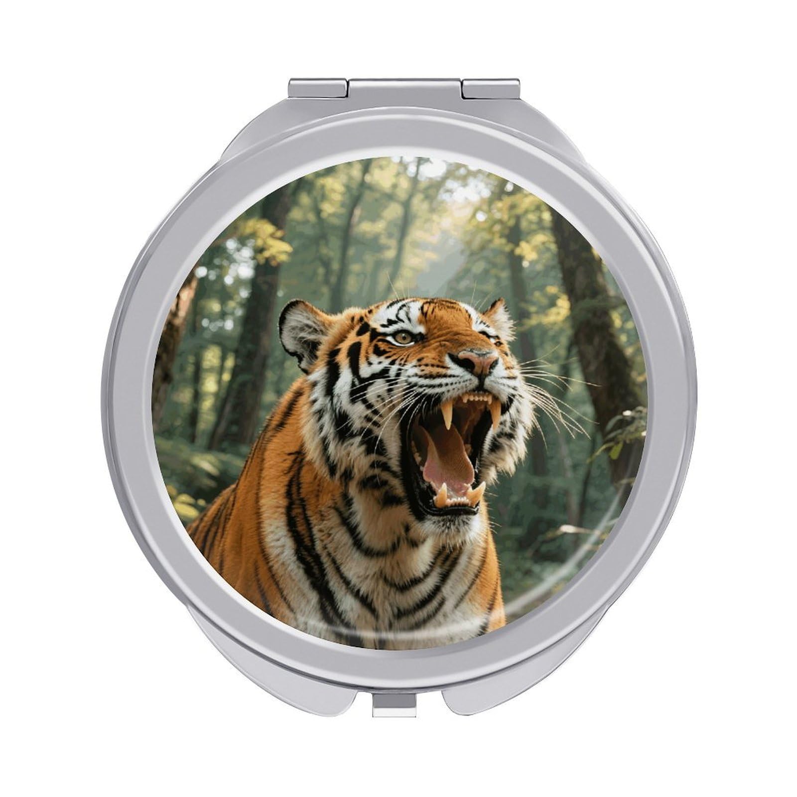 Compact Hand Mirror with 1x/2x Magnifying Round Travel Makeup Mirror Mini Foldable Siberian Tiger in The Forest Cosmetic Mirrors Travel Essentials Gift for Women Girl Portable for Pocket Purse -Silver