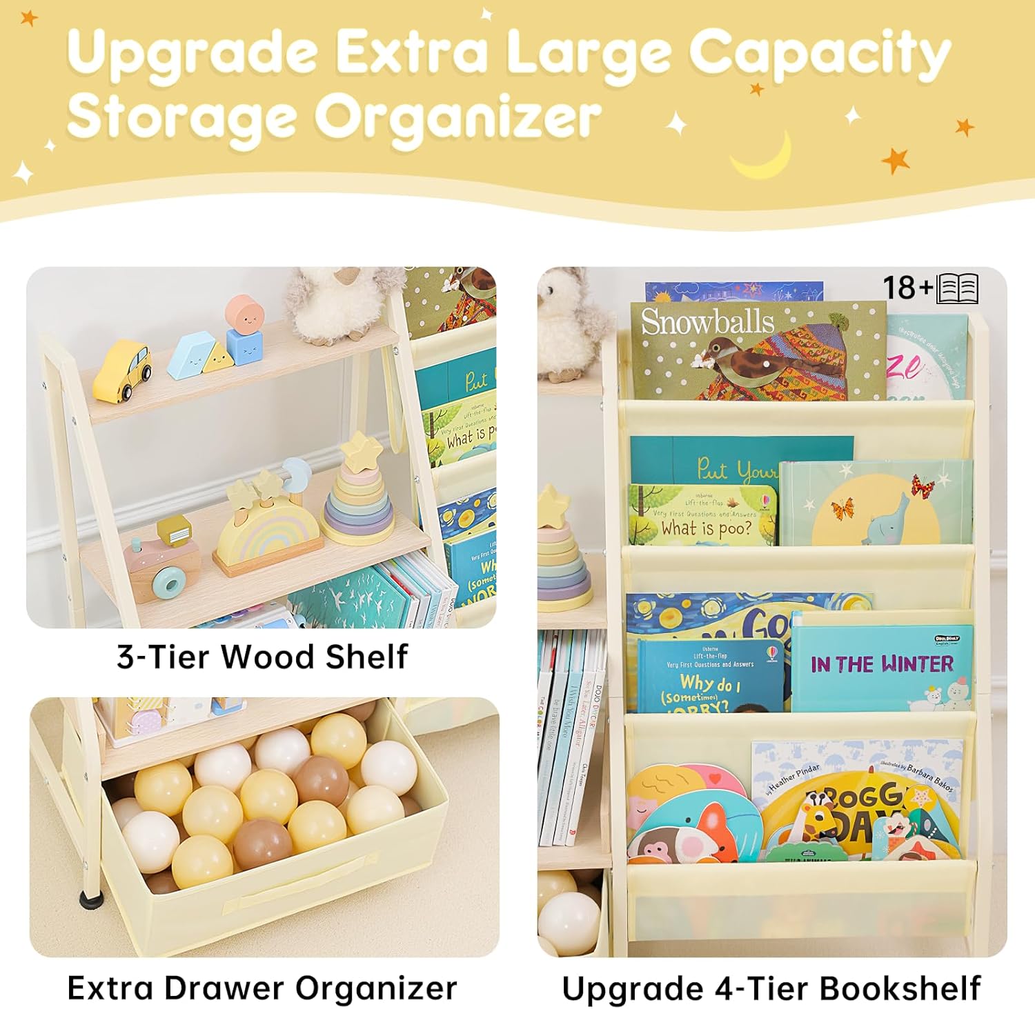 Fabuday Kids Bookshelf and Toy Storage Organizer - 4 Tiers Toddler Baby Sling Book Shelves for Kids Room, 3 Tier Montessori Childrens Bookcase for Nursery, Playroom, Classroom, Small Spaces - Image 4