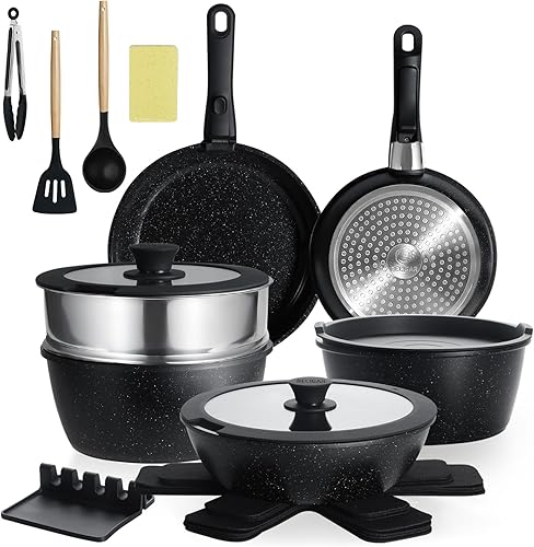 21PCS ceramic cookware set,Nonstick ceramic pan, Removable Handle pots and pans set, Stackable Pan Set, Nonstick Pots and Pans Set Non Stick(Black)