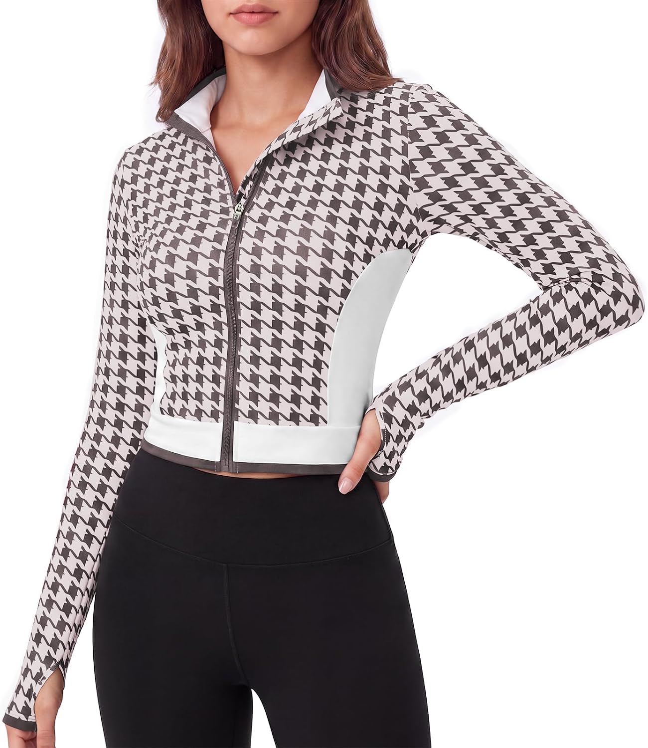 Aoysky Womes Houndstooth Workout Jackets Zip Up Crop Tops with Thumb Holes