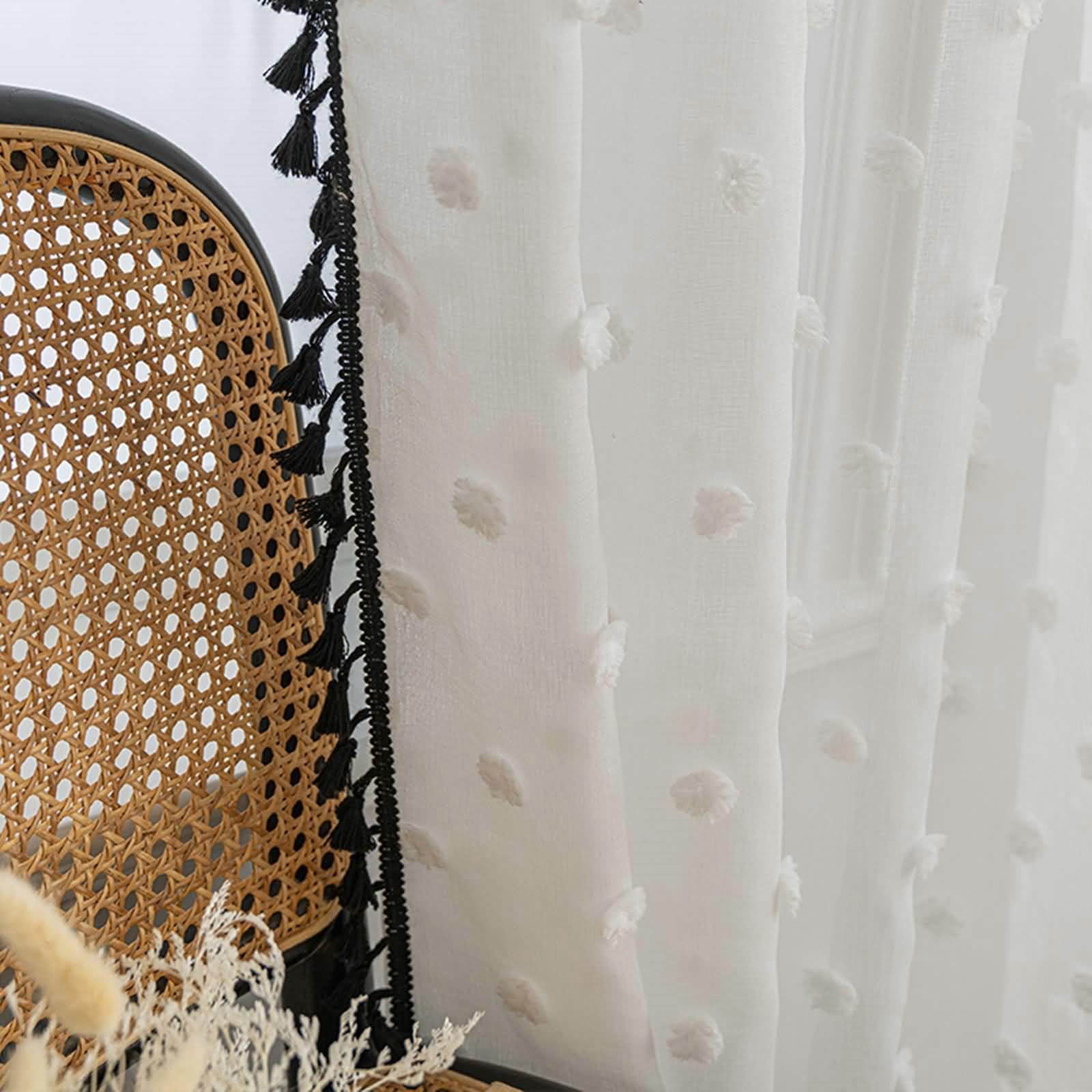 Gualiy Tende per Salotto Trasparenti, Tenda Camera Finestra 2 Pezzi 100x200CM con Pompon e Nappe Tenda Finestra Bianco Nero Tenda per Finestre a Vetro