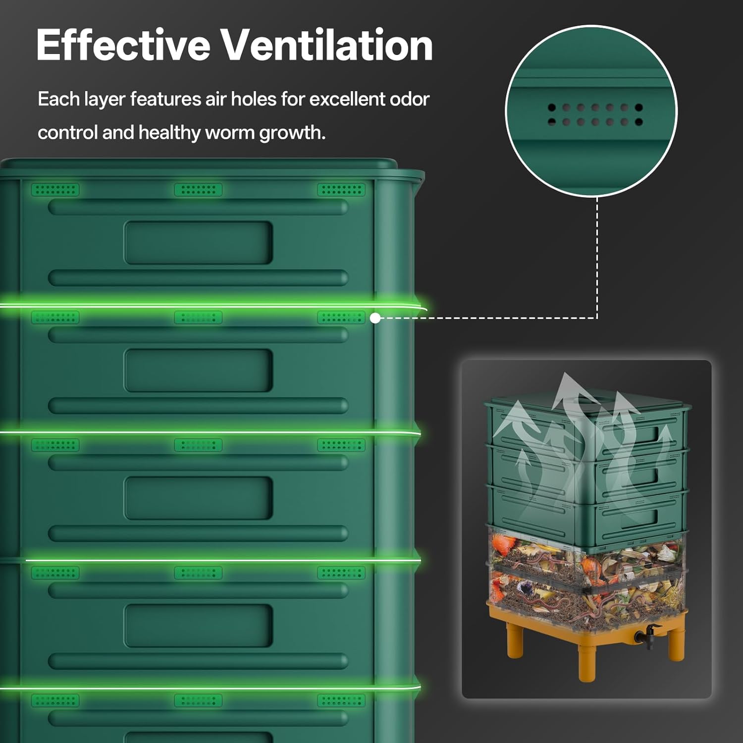 85L Large Worm Composter, 5-Layer Worm Compost Bin for Indoor & Outdoor, Starter Kits for Vermicomposting Starter, Garden Worm Composting Bin for Recycling Food Waste (Green)