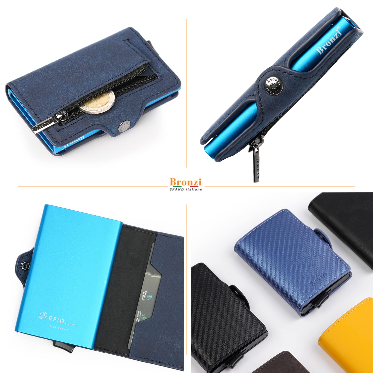 Bronzi Portafoglio Porta Carte Credito - Portafoglio Uomo Slim Portacarte uomo - Mini Porta Tessere - Protezione RFID - Design Smart Italiano (Blu)