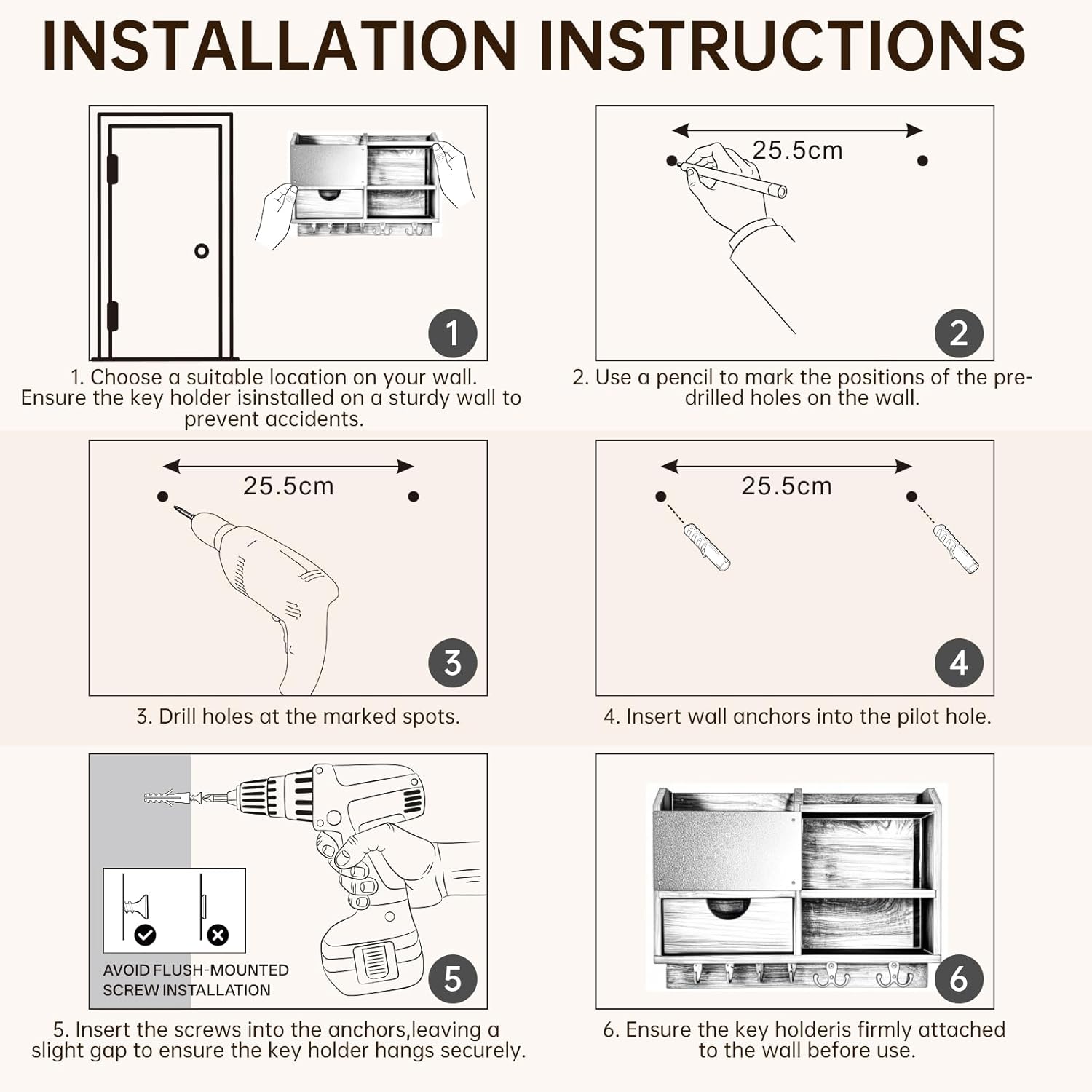 BE Key Holder Wall Mount, Large Key Holder for Wall, Mail Organizer Key Rack , 100% Handmade Hanger for Wall Door Room Office Saving Time and Space, Wood Shelf with Drawer for Storing Decor Home-Black