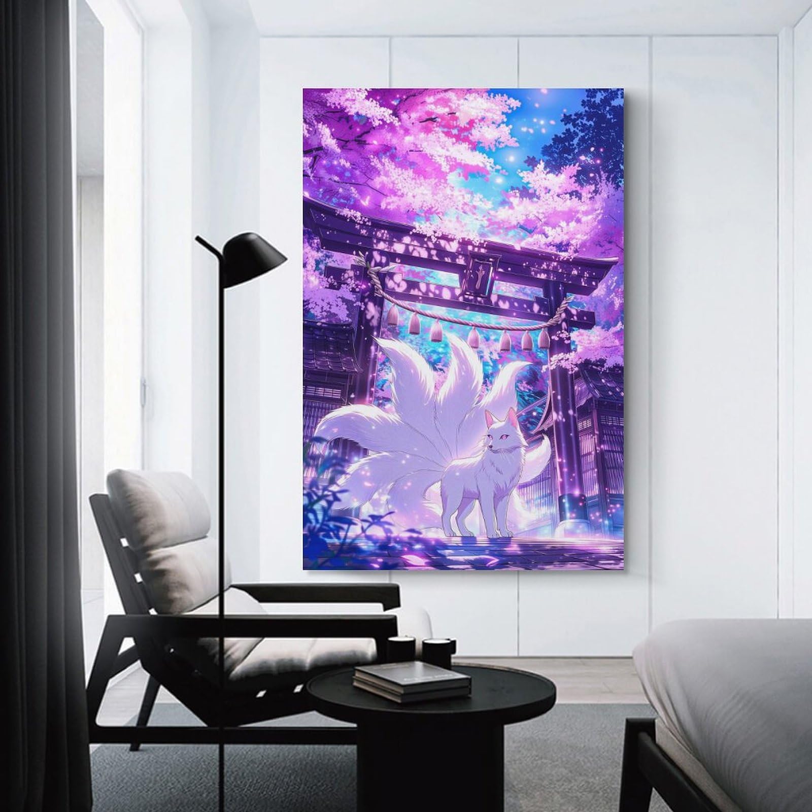 Junmoney Kitsune Under Cherry Blossoms Decorative Wall Artwork, 20x30inch(50x75cm), for Corridors, Hallways Or Apartment Entries, Home Artwork for First Impressions